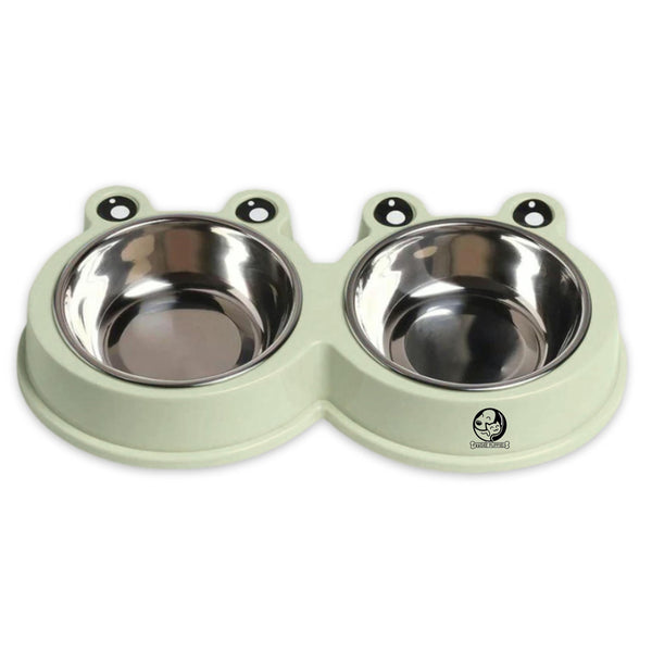 Foodie Puppies 2-in-1 Food and Water Bowl for Puppies, Cats & Kittens - (Frog Bowl Large, Green) 400ml Each | Non-Slip, Non-Toxic Pet Feeding Plastic Frog Face Shaped Double Bowl Food & Water Feeder