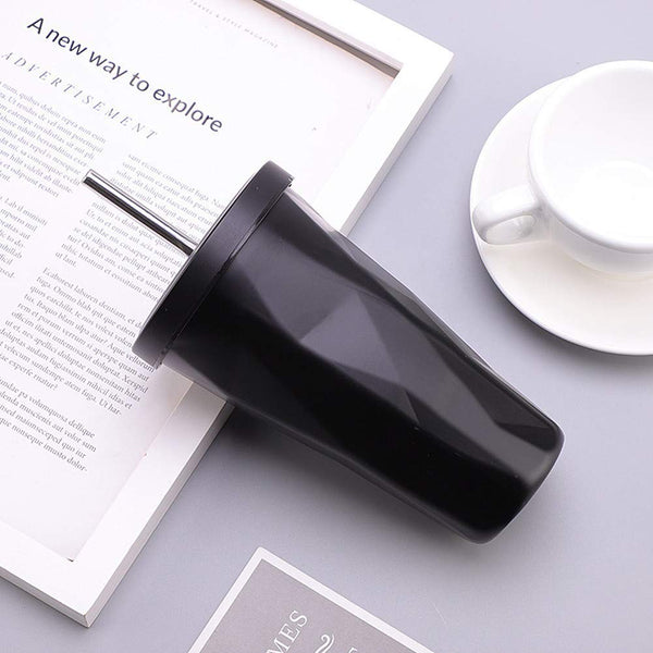 Diamond Shaped Steel Coffee Mug | Diamond Shape Double Wall Vacuum Insulated Mug Tumbler with Straw | Leakproof Flask Coffee Cup (only Black )