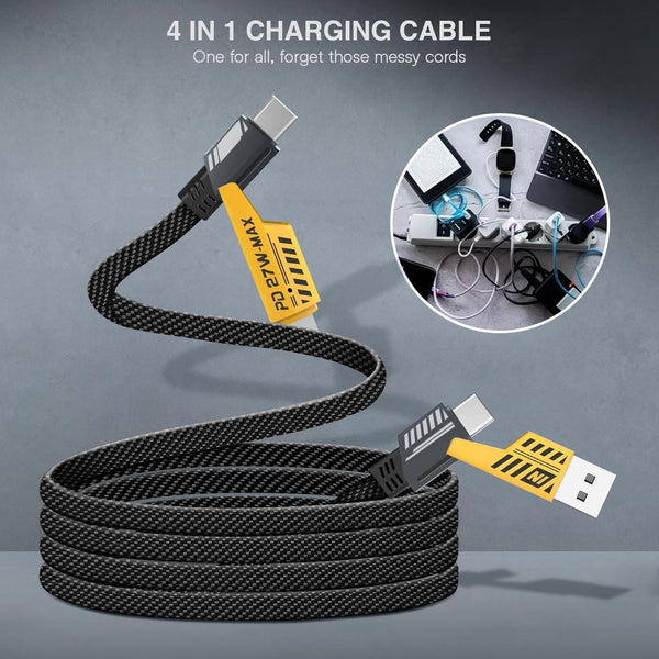 4 IN 1 Unbreakable Multi Functional Fast Charging Cable with Fast Data Transfer | Compatible with All Type C Android Smartphone & Lighting Device etc ( yellow )